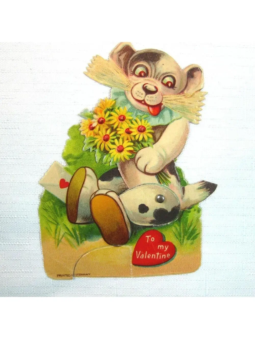 Vintage Valentine Card Mechanical Puppy Dog w/ Flowers Stand Up Germany 1920-30s
